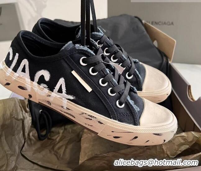 Good Quality Balenciaga Paris Low-top Graffiti Sneakers Destroyed Canvas Black 524044