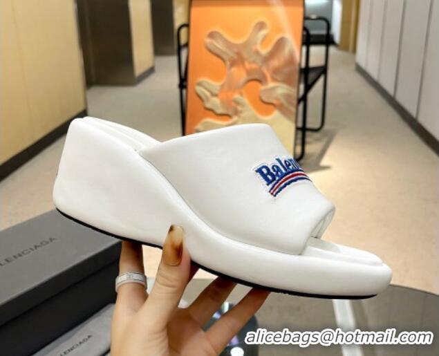 Best Grade Balenciaga Leather Wedge Slide Sandals White 619007