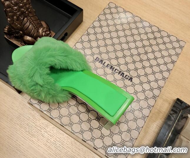 Unique Discount Balenciaga Furry Heel Slide Sandals 6.5cm Green 619015