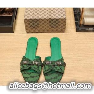 Top Quality Balenciaga Cagole Flat Slide Sandals in Logo Fabric Green 619018