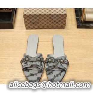 Stylish Balenciaga Cagole Flat Slide Sandals in Logo Fabric Grey 619020