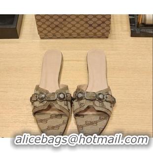 Discount Balenciaga Cagole Flat Slide Sandals in Logo Fabric Beige 619021