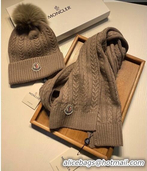 Cheap Design Moncler Wool Knit Hat and Scarf Set M092373 Khaki 2022