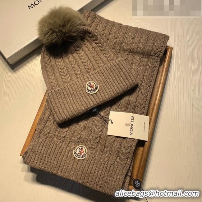 Cheap Design Moncler Wool Knit Hat and Scarf Set M092373 Khaki 2022