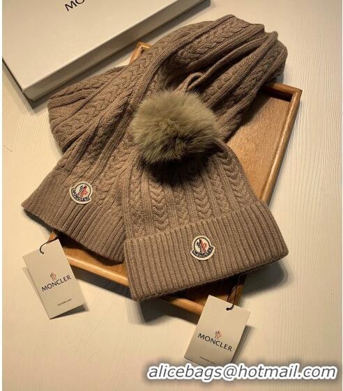 Cheap Design Moncler Wool Knit Hat and Scarf Set M092373 Khaki 2022