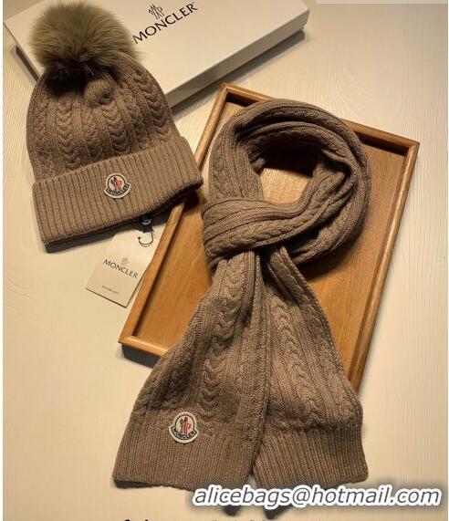 Cheap Design Moncler Wool Knit Hat and Scarf Set M092373 Khaki 2022