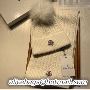 Famous Brand Moncler Wool Knit Hat and Scarf Set M092373 White 2022