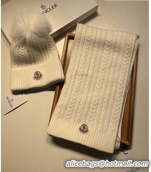 Famous Brand Moncler Wool Knit Hat and Scarf Set M092373 White 2022