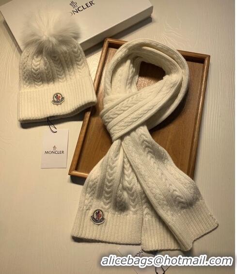 Famous Brand Moncler Wool Knit Hat and Scarf Set M092373 White 2022