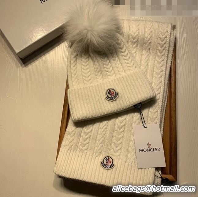 Famous Brand Moncler Wool Knit Hat and Scarf Set M092373 White 2022