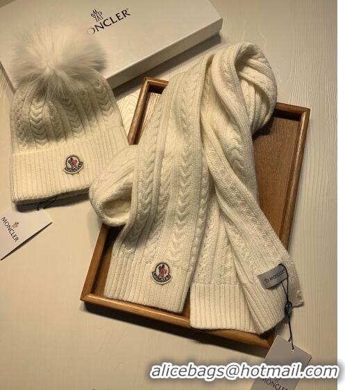 Famous Brand Moncler Wool Knit Hat and Scarf Set M092373 White 2022