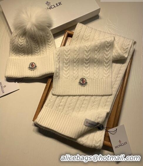 Famous Brand Moncler Wool Knit Hat and Scarf Set M092373 White 2022