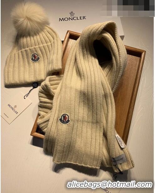 Promotional Moncler Wool Knit Hat and Scarf Set M092379 Beige 2022