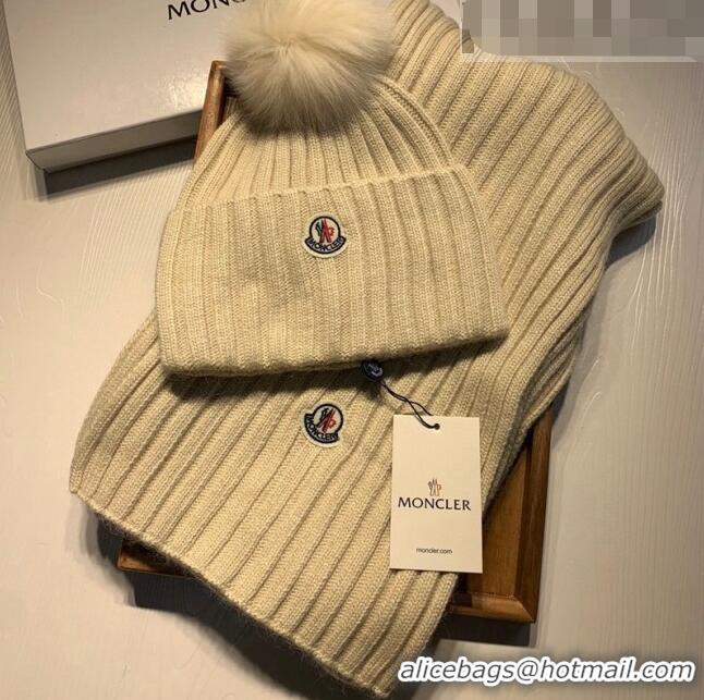 Promotional Moncler Wool Knit Hat and Scarf Set M092379 Beige 2022