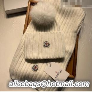 Top Quality Moncler Wool Knit Hat and Scarf Set M092379 White 2022