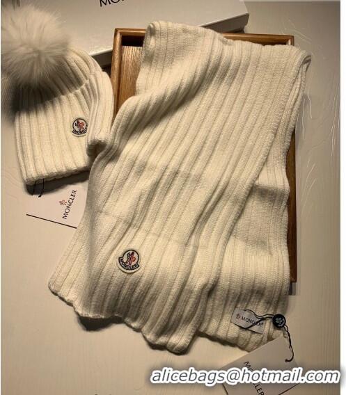 Top Quality Moncler Wool Knit Hat and Scarf Set M092379 White 2022