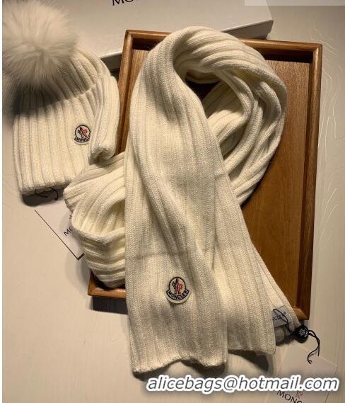 Top Quality Moncler Wool Knit Hat and Scarf Set M092379 White 2022