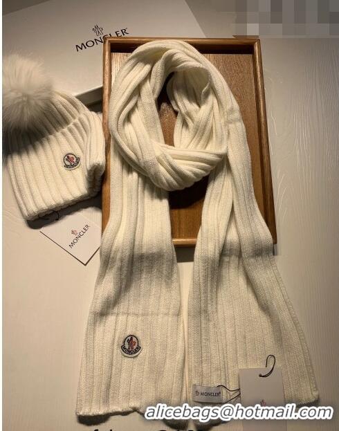 Top Quality Moncler Wool Knit Hat and Scarf Set M092379 White 2022