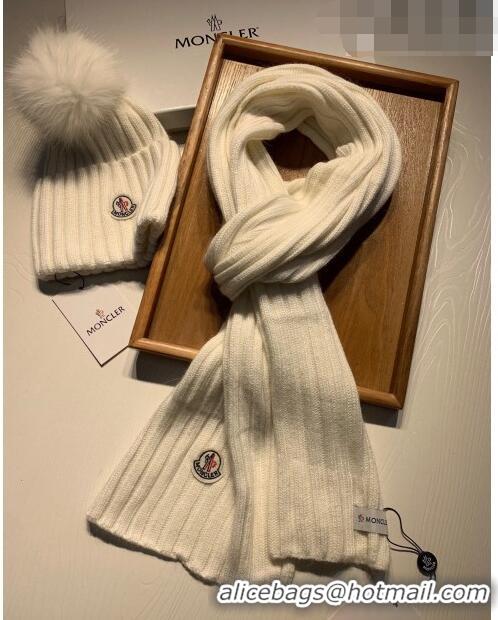 Top Quality Moncler Wool Knit Hat and Scarf Set M092379 White 2022