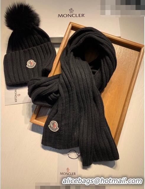 Reasonable Price Moncler Wool Knit Hat and Scarf Set M092379 Black 2022