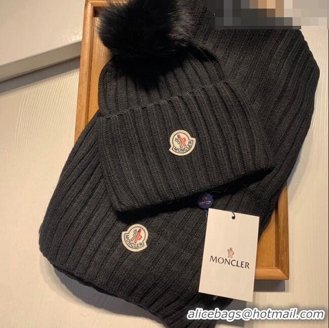 Reasonable Price Moncler Wool Knit Hat and Scarf Set M092379 Black 2022