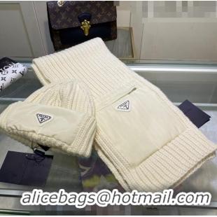 Promotional Prada Cashmere Knit Hat and Scarf Set 092383 White 2022