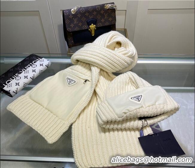 Promotional Prada Cashmere Knit Hat and Scarf Set 092383 White 2022