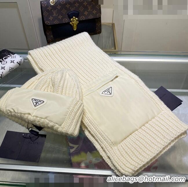 Promotional Prada Cashmere Knit Hat and Scarf Set 092383 White 2022