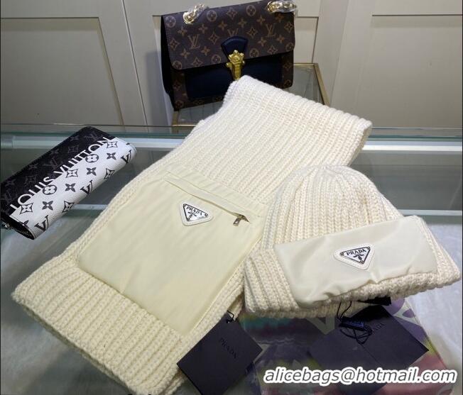 Promotional Prada Cashmere Knit Hat and Scarf Set 092383 White 2022