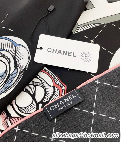 Super Quality Chanel Camellia Silk Sqaure Scarf 90x90cm 0705 Black 2023