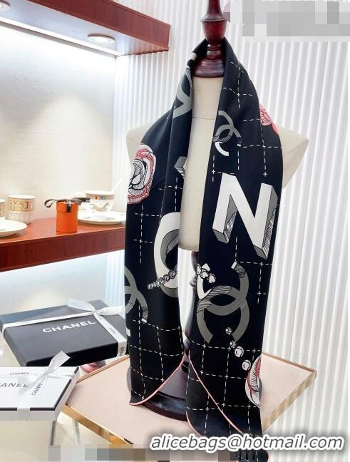 Super Quality Chanel Camellia Silk Sqaure Scarf 90x90cm 0705 Black 2023