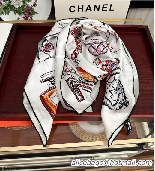 Famous Brand Chanel Bottle Silk Square Scarf 90cm CH3087 White 2023