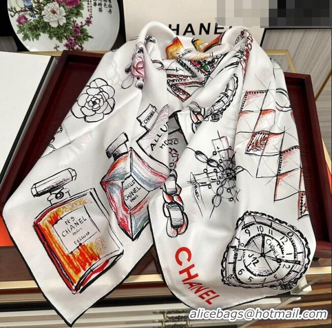 Famous Brand Chanel Bottle Silk Square Scarf 90cm CH3087 White 2023