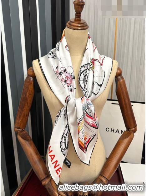 Famous Brand Chanel Bottle Silk Square Scarf 90cm CH3087 White 2023