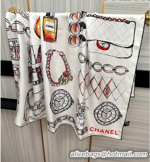 Famous Brand Chanel Bottle Silk Square Scarf 90cm CH3087 White 2023