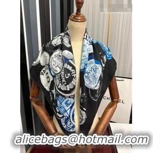 Good Taste Chanel Badge Silk Square Scarf 90cm CH3089 Black 2023