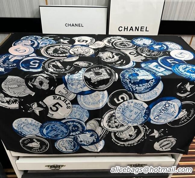 Good Taste Chanel Badge Silk Square Scarf 90cm CH3089 Black 2023