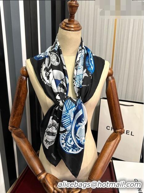 Good Taste Chanel Badge Silk Square Scarf 90cm CH3089 Black 2023