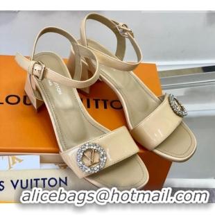 Top Grade Louis Vuitton Patent Leather Heel Sandals 5.5cm with Crystal LV Circle Beige 607124