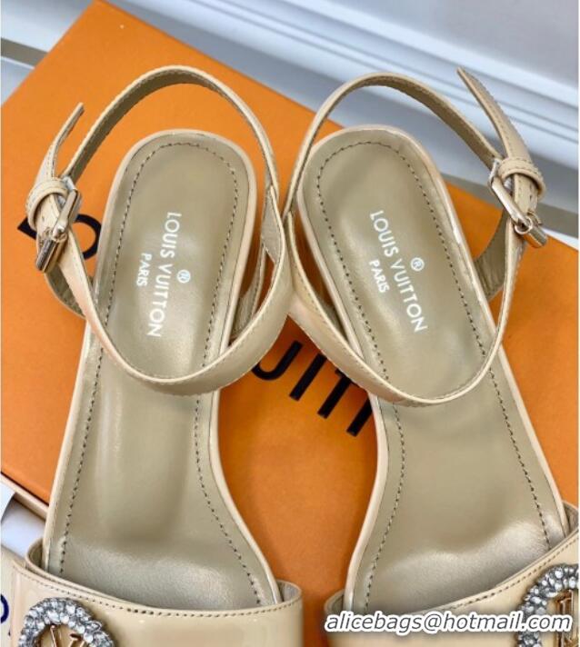 Top Grade Louis Vuitton Patent Leather Heel Sandals 5.5cm with Crystal LV Circle Beige 607124