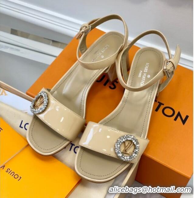 Top Grade Louis Vuitton Patent Leather Heel Sandals 5.5cm with Crystal LV Circle Beige 607124