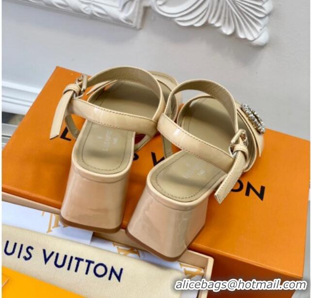 Top Grade Louis Vuitton Patent Leather Heel Sandals 5.5cm with Crystal LV Circle Beige 607124