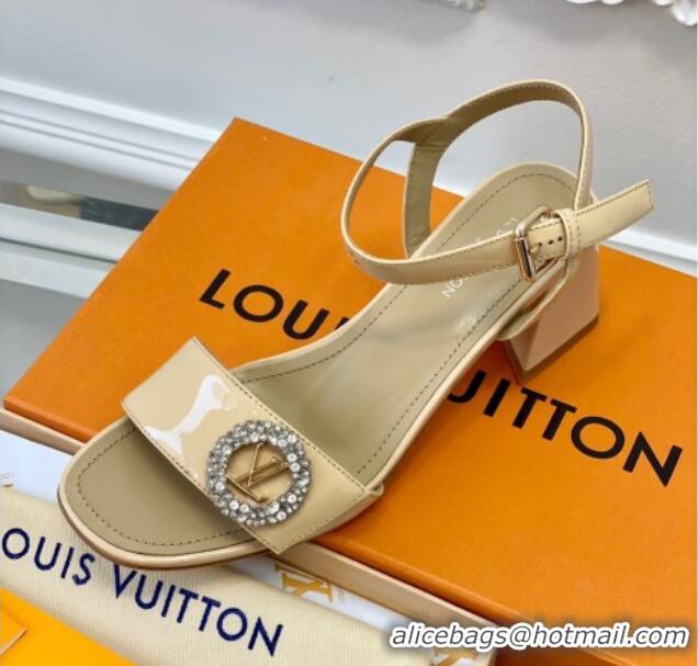 Top Grade Louis Vuitton Patent Leather Heel Sandals 5.5cm with Crystal LV Circle Beige 607124