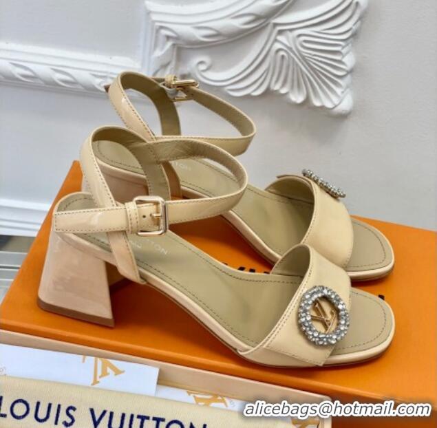 Top Grade Louis Vuitton Patent Leather Heel Sandals 5.5cm with Crystal LV Circle Beige 607124