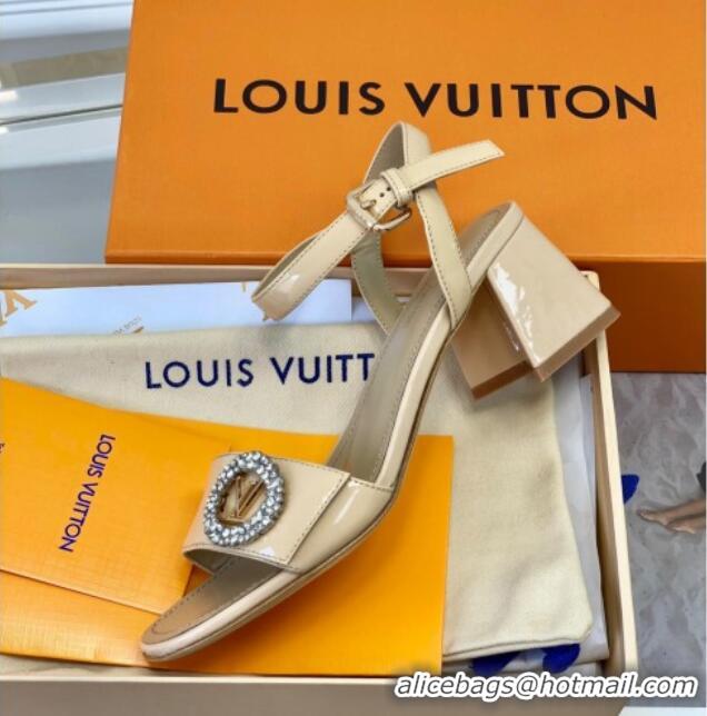 Top Grade Louis Vuitton Patent Leather Heel Sandals 5.5cm with Crystal LV Circle Beige 607124