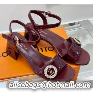 Top Design Louis Vuitton Patent Leather Heel Sandals 5.5cm with Crystal LV Circle Burgundy 607125