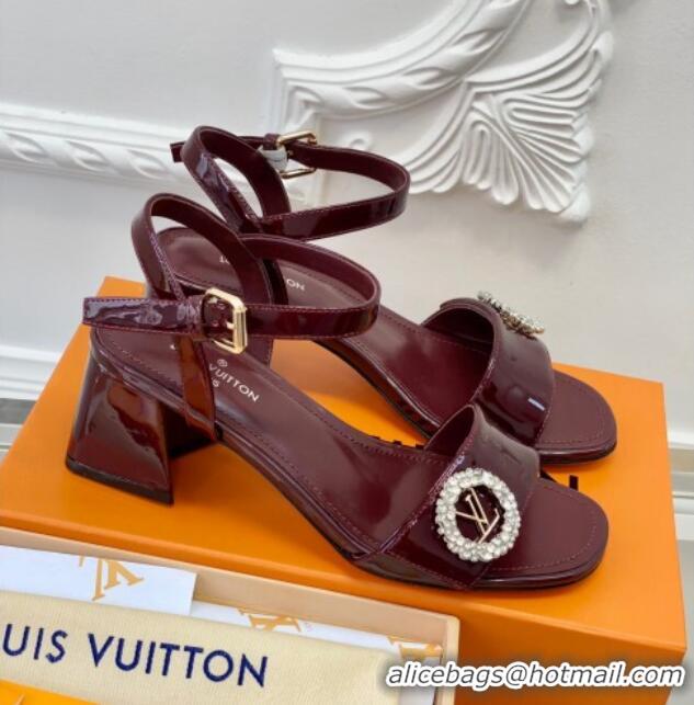 Top Design Louis Vuitton Patent Leather Heel Sandals 5.5cm with Crystal LV Circle Burgundy 607125