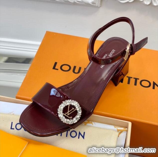 Top Design Louis Vuitton Patent Leather Heel Sandals 5.5cm with Crystal LV Circle Burgundy 607125