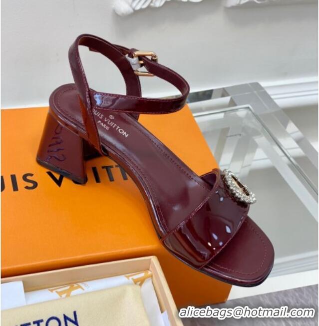 Top Design Louis Vuitton Patent Leather Heel Sandals 5.5cm with Crystal LV Circle Burgundy 607125