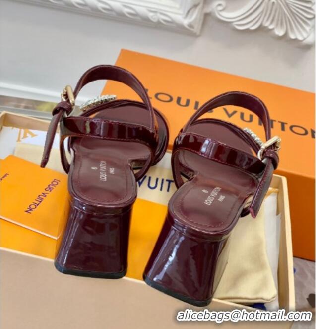 Top Design Louis Vuitton Patent Leather Heel Sandals 5.5cm with Crystal LV Circle Burgundy 607125